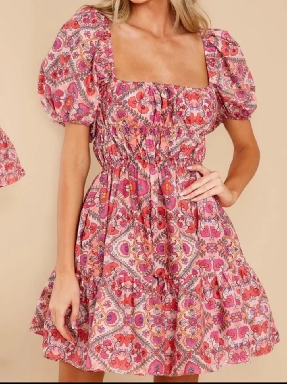 Pink Floral Puff-Sleeve Smocked Dress